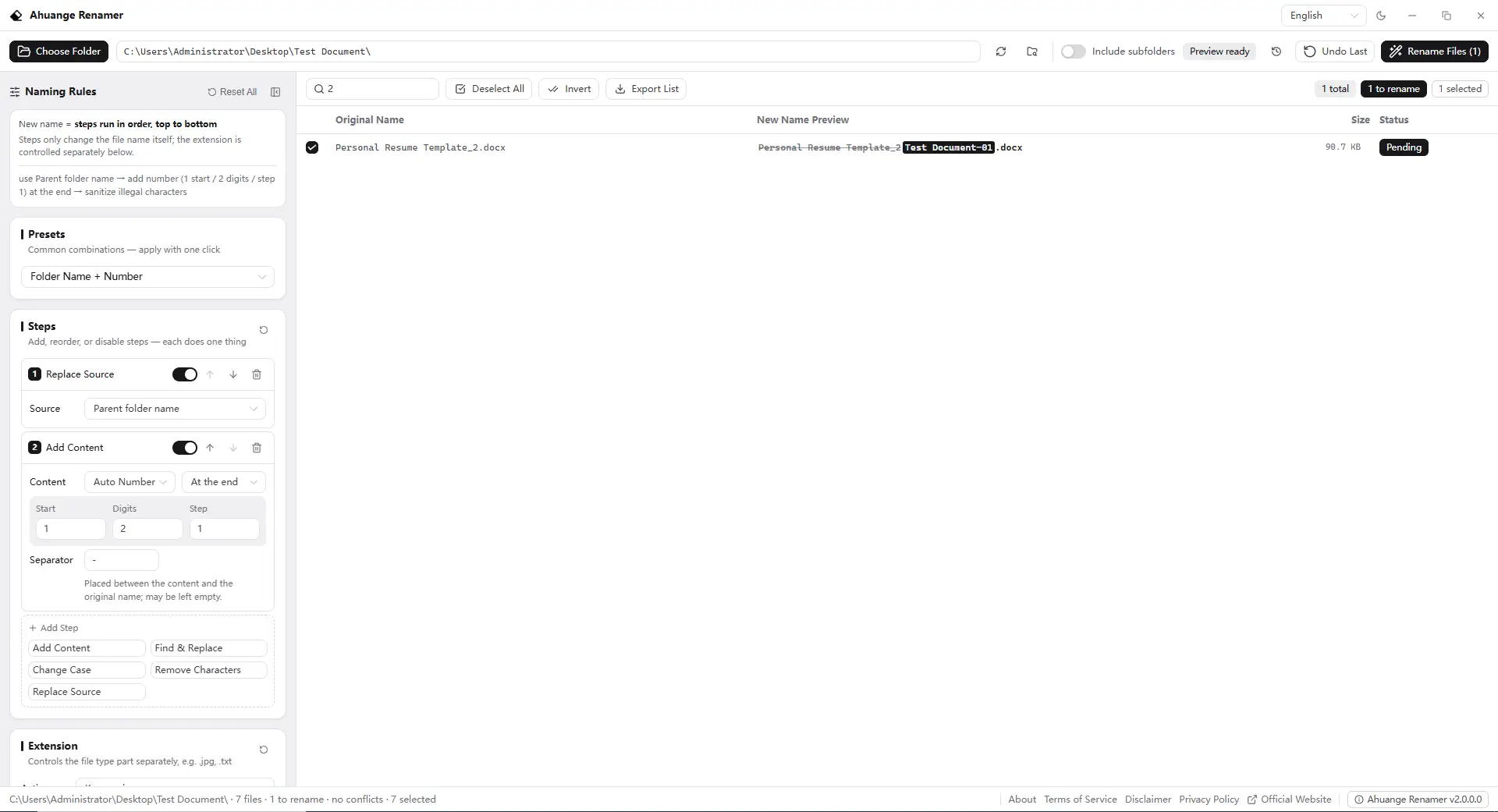 Filter and Selection - Filter by file name and check exactly which files take part — numbering stays continuous with no gaps.