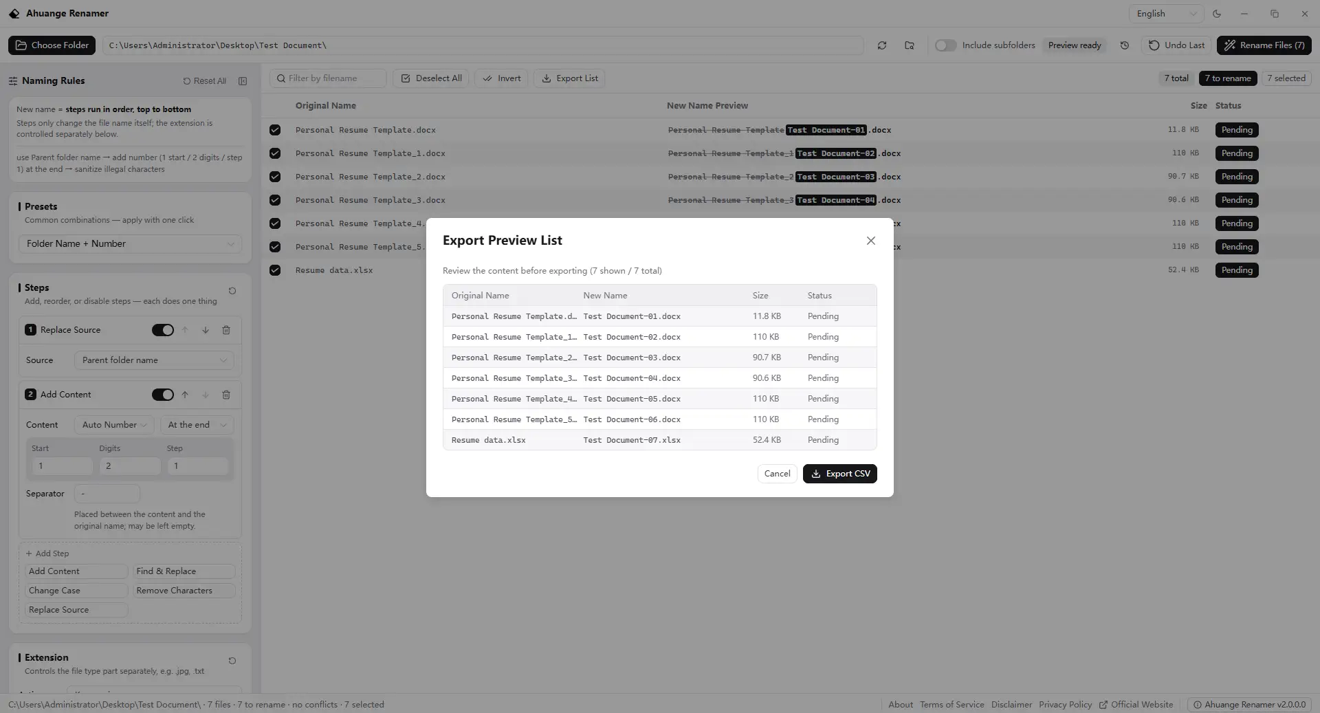 Export Preview List - Export the full original to new name mapping as CSV to review or archive before you commit.