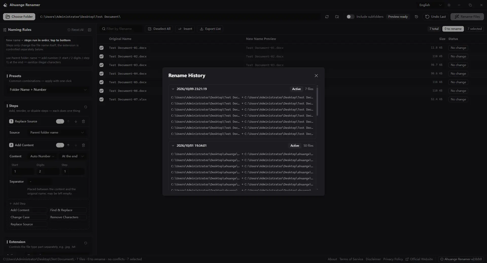 History Timeline and Undo - Review the last 20 batches and restore any of them with one click — the rename history survives app restarts.